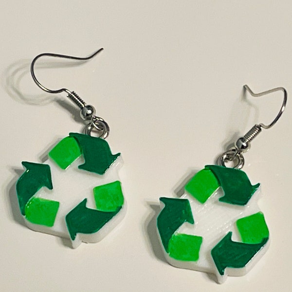 Boucles d'oreilles Symbole de recyclage vert, Flèches dans le sens des aiguilles d'une montre, Réutilisables et renouvelables, Crochets en argent sterling