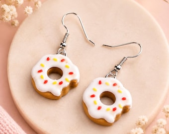 Cute Donut Earrings with White Frosting – Fun Dessert Jewelry, Sweet Treat Earrings, Food Lover Gift, Kawaii Earrings for Women & Girls