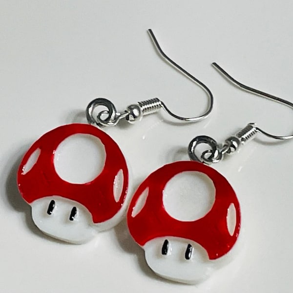 Super Mario Mushroom Earrings - Mario Toad Jewelry - Red and Green Mario Charm - Nintendo Classic Ring