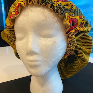 Reversible Ankara and satin bonnet