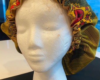 Reversible Ankara and satin bonnet