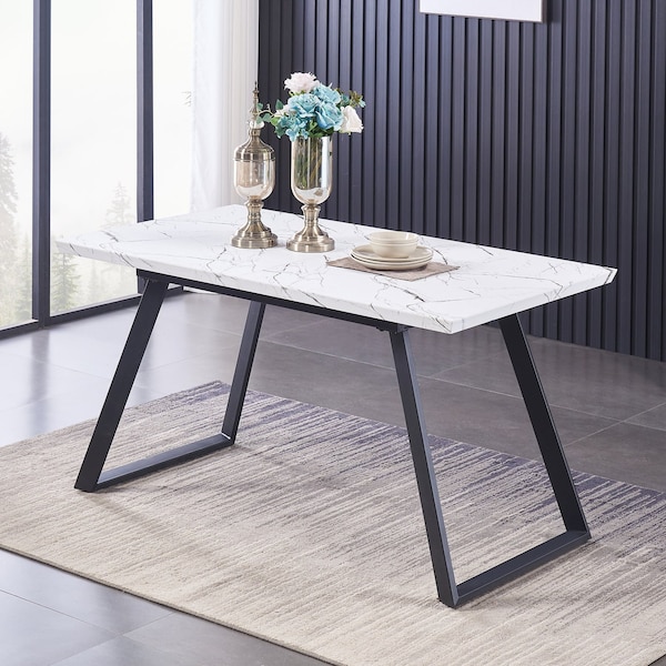 Extendable Dining Table MDF Wood / Marble Effect Table Top, Large Rectangle Modern Contemporary Design, Trapezium Metal Table Legs