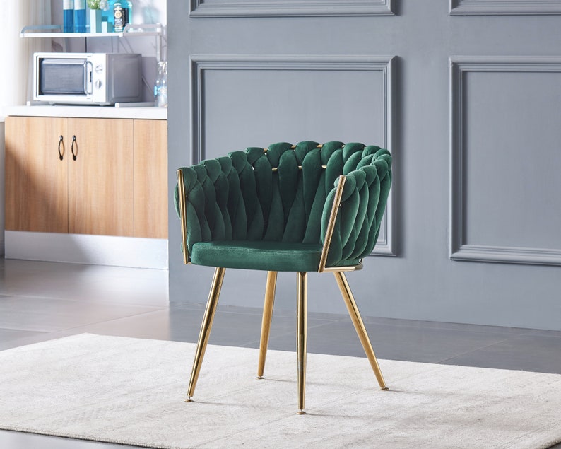 Velvet Upholstered Knotted Luxury Cushioned Dining Restaurant Parlour Dressing Chair with Gold Metal Detailing UK Free Next Day Delivery Green