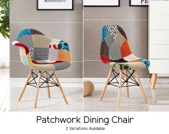 Hand finished Dining Chair scandinavian style patchwork fabric upholstered armchair with wooden legs and metal framework