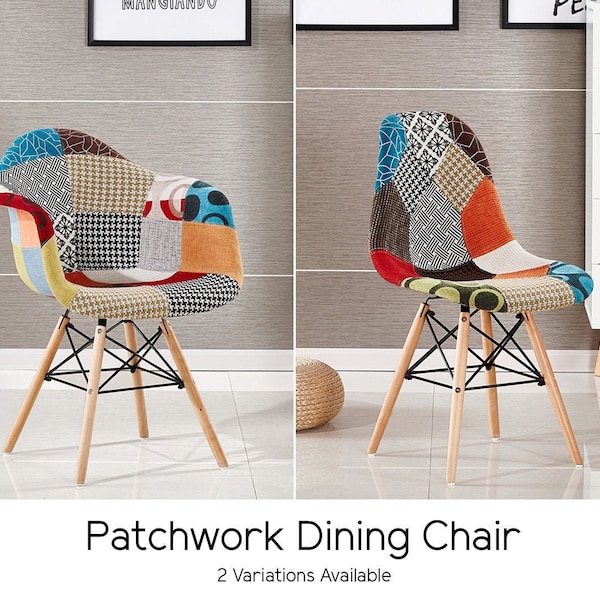 Upholstered Retro Dining Chairs Hand finished scandinavian style patchwork fabric upholstered armchair with wooden legs and metal framework