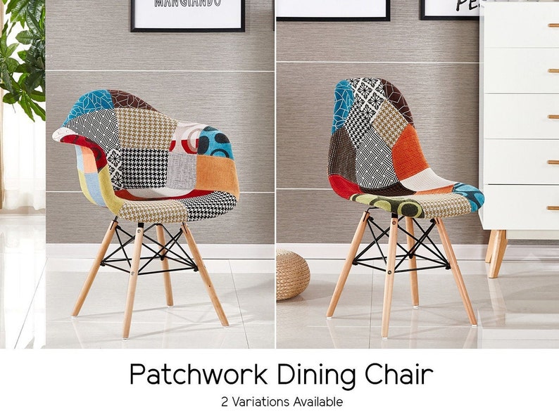 Upholstered Retro Dining Chairs Hand finished scandinavian style patchwork fabric upholstered armchair with wooden legs and metal framework