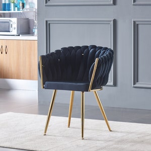 Velvet Upholstered Knotted Luxury Cushioned Dining Restaurant Parlour Dressing Chair with Gold Metal Detailing UK Free Next Day Delivery Black