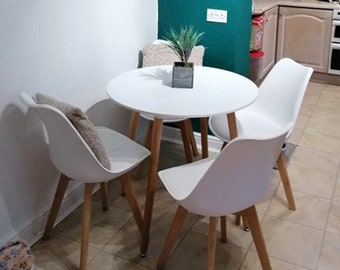 White Round Dining Table with 4 White Chairs Contemporary Dining Set for 4 Wooden Dining Set