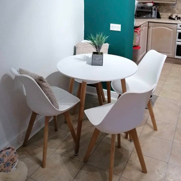 White Round Dining Table with 4 White Chairs Contemporary Dining Set for 4 Wooden Dining Set