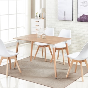 Nordic Style Modern Dining Set, Brown Wood 4-6 Seater Rectangle Dining Table with 4 White Dining Chairs, Scandinavian Table Set with 4 Chair image 3