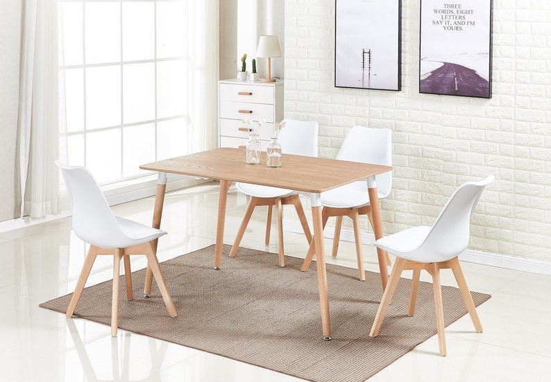 Nordic Style Modern Dining Set, Brown Wood 4-6 Seater Rectangle Dining Table with 4 White Dining Chairs, Scandinavian Table Set with 4 Chair image 3