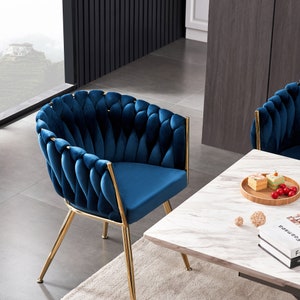 Velvet Upholstered Knotted Luxury Cushioned Dining Restaurant Parlour Dressing Chair with Gold Metal Detailing UK Free Next Day Delivery Blue