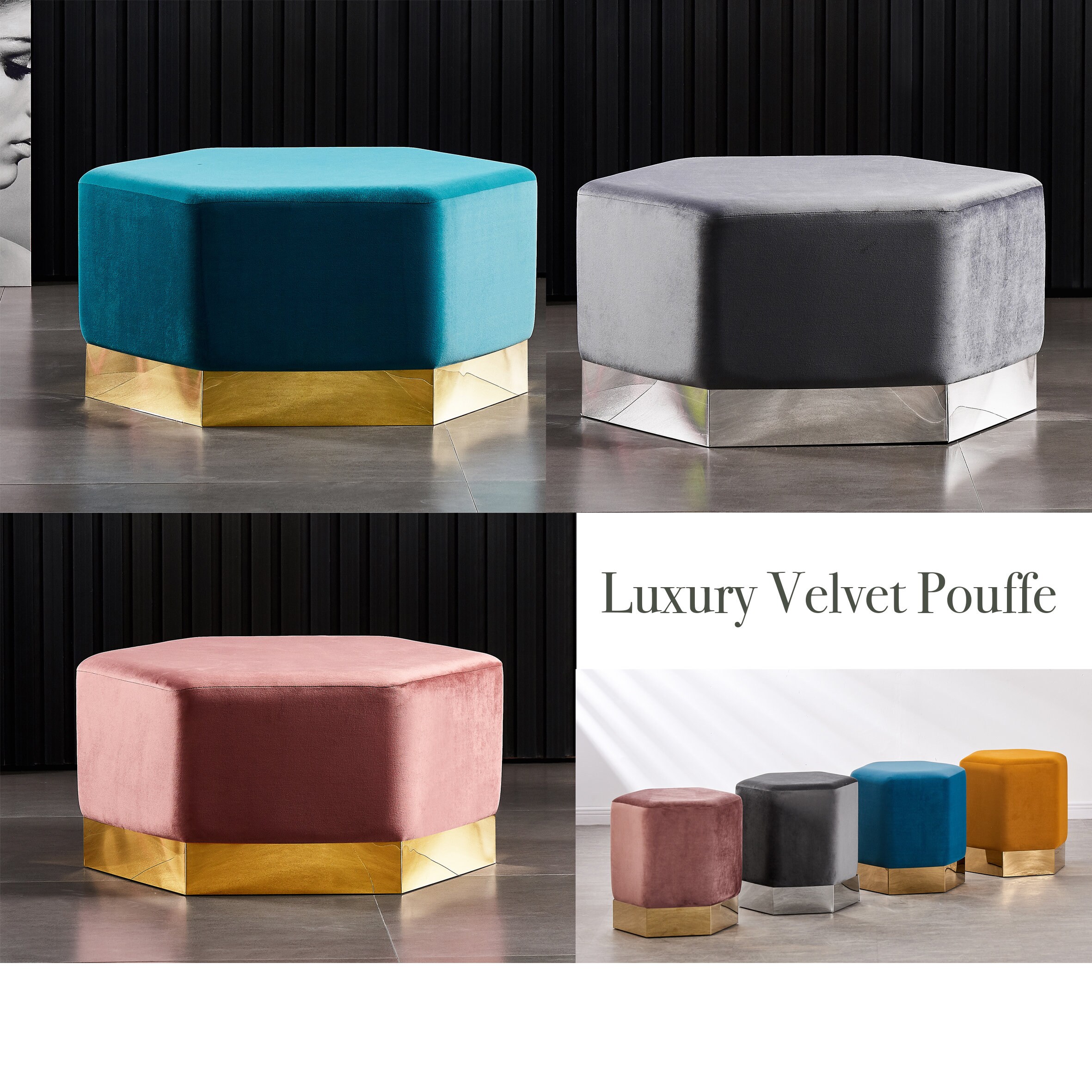 Upholstered Plush Velvet Pouffe Coffee Table Ottoman Stool Hexagon