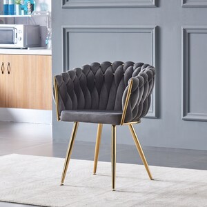 Velvet Upholstered Knotted Luxury Cushioned Dining Restaurant Parlour Dressing Chair with Gold Metal Detailing UK Free Next Day Delivery Grey