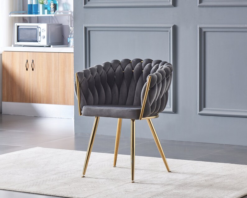 Velvet Upholstered Knotted Luxury Cushioned Dining Restaurant Parlour Dressing Chair with Gold Metal Detailing UK Free Next Day Delivery Grey