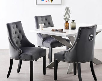 Velvet upholstered high-backed dining chair or dressing table chair with chrome knocker and studded detailing in dark grey, grey, black,blue