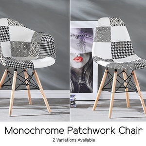 Contemporary hand finished fabric upholstered black and white patchwork dining chair available in 2 styles