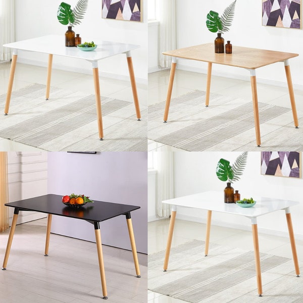 Scandinavian Style MDF Table Top, Simple Modern Dining Contemporary Rectangle in White, Wood, or Black Strong Legs