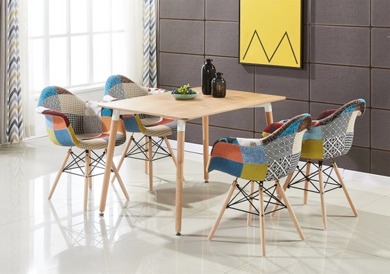 Dining Set With Upholstered Scandinavian Styled Multi Coloured Patchwork Fabric Chair With Eiffel Style Dining Set With 4 Chairs Etsy UK