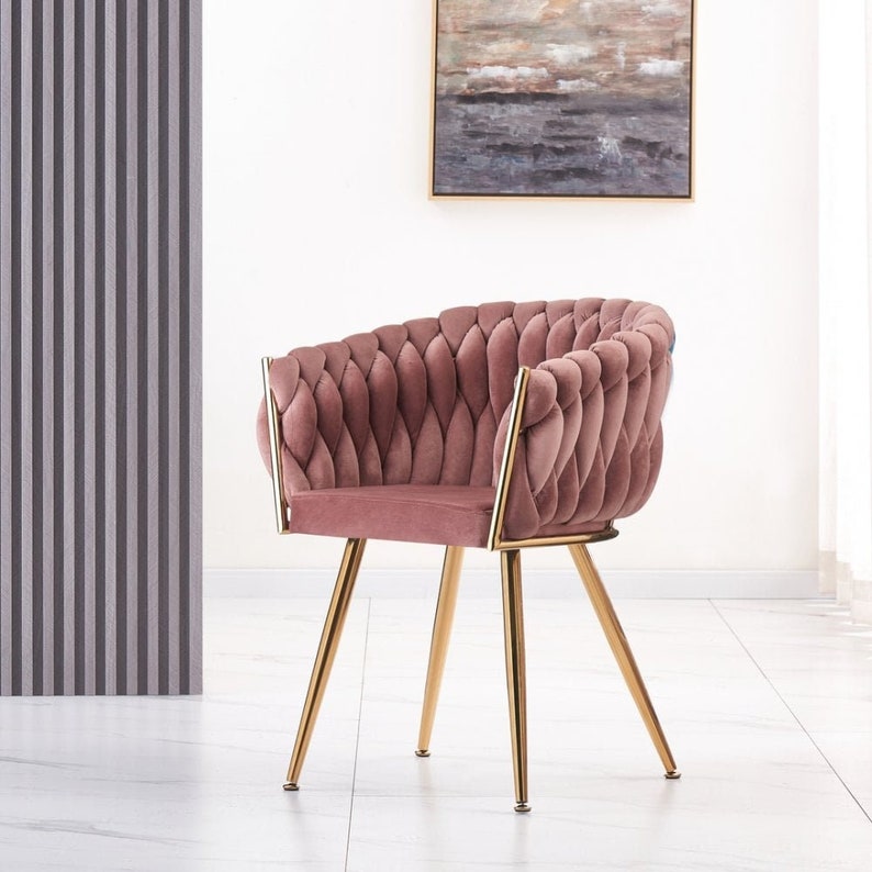 Velvet Upholstered Knotted Luxury Cushioned Dining Restaurant Parlour Dressing Chair with Gold Metal Detailing UK Free Next Day Delivery Pink