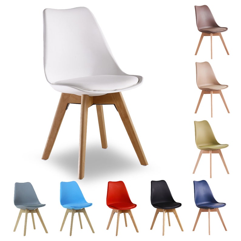 Modern tulip Pyramid style plastic dining chair with padded seating and wooden legs in a Scandinavian design Buy As Single or Set of 4