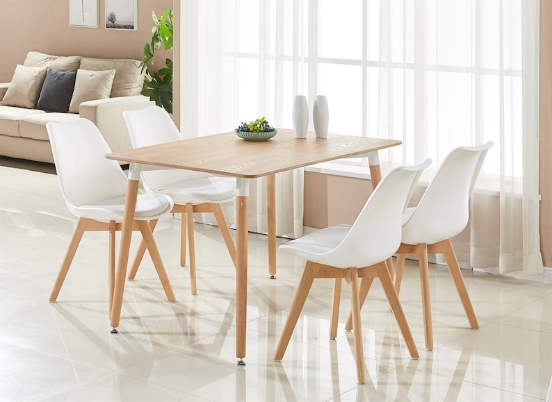Nordic Style Modern Dining Set, Brown Wood 4-6 Seater Rectangle Dining Table with 4 White Dining Chairs, Scandinavian Table Set with 4 Chair image 2