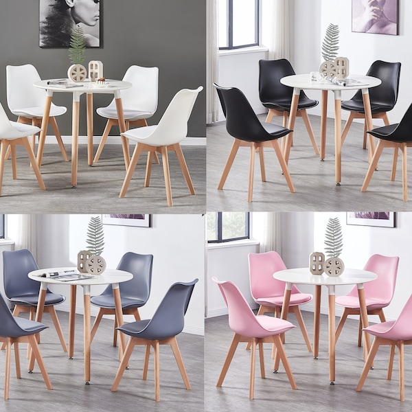 Nordic Style Round Dining Table and 4 Chairs, Set of 4 Soft Padded Chairs in White, Black, Grey or Pink with Round White Dining Table