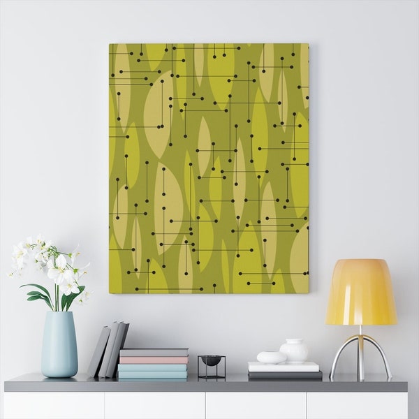100% Cotton Canvas Eames Inspired Mid Century Modern Green Wedges on Olive Background Gallery Wrap. Retro Living Room, Bedroom, Home Office.