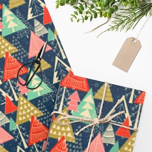 Mid Century Modern Atomic Age Mod Christmas Trees on Blue Background Wrapping Paper. Retro 1950s 60s Holiday Gift Wrap.