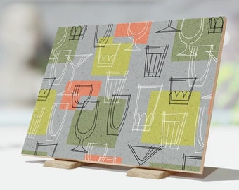 Mid Century Martini Highball Cocktail Wine Glasses 6x8 Ceramic Tile. Great as Home Décor, Wall Art, Serving Trivet, or Kitchen Hot Plate.