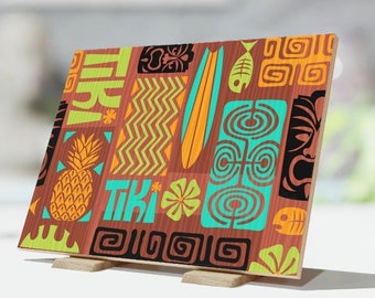 Mid Century Modern Retro Hawaiian Tiki Bar 6x8 Ceramic Tile. Great as Home Décor, Wall Art, Serving Trivet, or Kitchen Hot Plate.