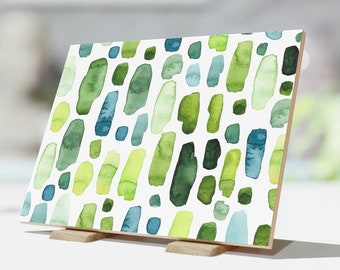 Mid Century Abstract Watercolors in Blue & Green on White 6x8 Ceramic Tile. Home Décor, Wall Art, Serving Trivet, Kitchen Hot Plate.