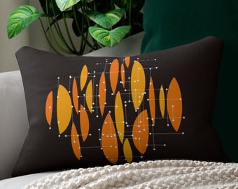 Eames-Inspired Abstract Dark Brown & Orange Atomic Age Mid Century Modern 14x20 Lumbar Retro Throw Pillow. 1950s 60s Living Room Décor.
