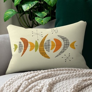 Cream & Orange Abstract Boomerangs Arcs 14x20 Mid Century Modern Lumbar Retro Throw Pillow. 1950s 1960s Atomic Age Bedroom Living Room Decor