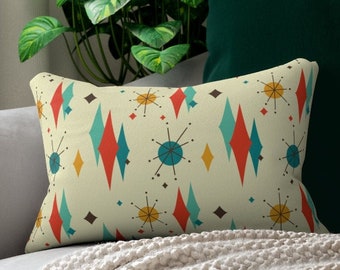 Atomic Starburst & Diamond Mid Century Modern Design 14x20 Lumbar Retro Throw Pillow. Decorative Pillow for Mid Century Décor Couch or Chair