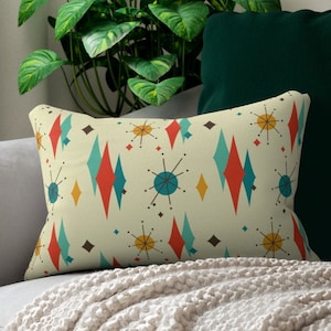 Atomic Starburst & Diamond Mid Century Modern Design 14x20 Lumbar Retro Throw Pillow. Decorative Pillow for Mid Century Décor Couch or Chair