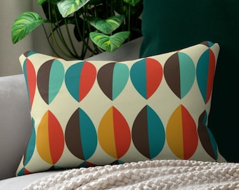 14x20 Mid Century Orange & Teal Leaves Abstract Lumbar Pillow | 2-Sided, Zipper, Mustard, Green, Burnt Orange, MCM, Modern, 1950s, Atomic