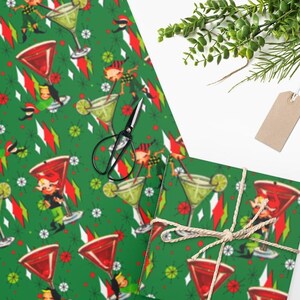 Funny Mid Century Modern Drunk Elves with Martinis, Atomic Starbursts, and Diamonds on Green Wrapping Paper. Retro 1950s 60s Gift Wrap.