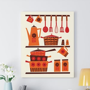 100% lona de algodón Scandinavian Kitchen Art Gallery Wrap con cafetera de té de naranja quemada y utensilios. Decoración retro de la cocina de mediados de siglo.