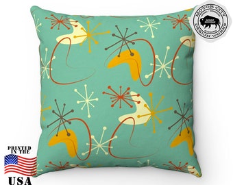 Abstract Mustard Yellow Cream and Minty Green Retro Mid Century Modern Spun Polyester Square Pillow