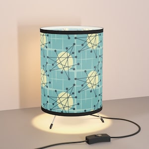 Atomic Starbursts on Blue Retro Mid Century Modern Tripod Table Lamp with Wrap-Around Shade & Switch. For Living Room, Bedroom, Home Office