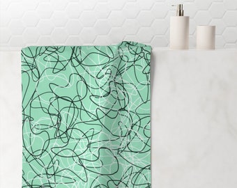 Teal Green Mid Century Modern Boomerang Pattern Polyester & Absorbent Cotton 30x60 Bath Towel for 50s or 60s Atomic Age Bathroom Decor