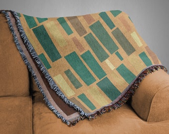 Mid Century Modern Klimt-Inspired Geometric Blocks 100% Cotton Woven Throw Blanket With Burnt Orange, Teal, Olive, And Yellow