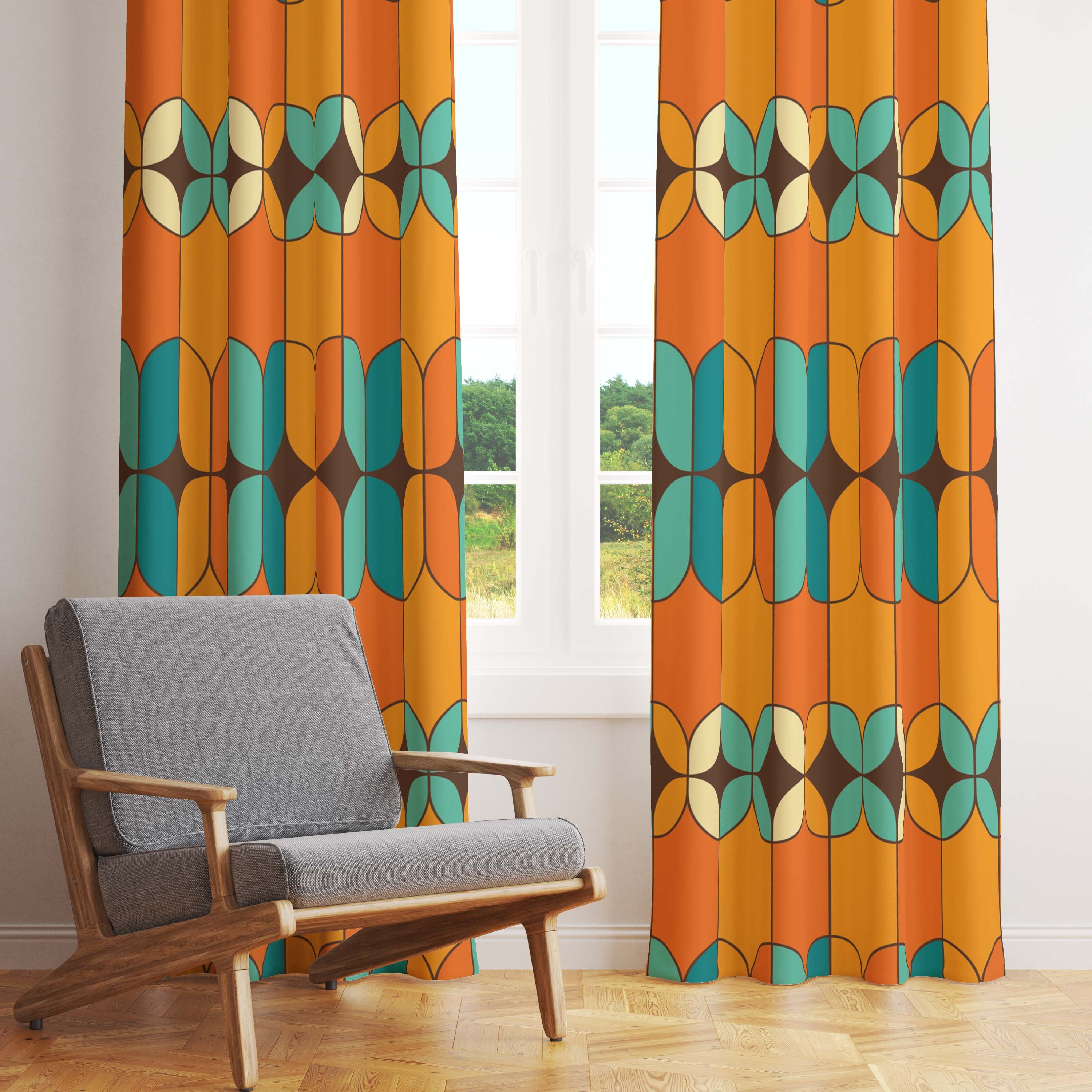 Retro 70s Curtains, Wavy, Psychedelic, Orange, Blue, Yellow Groovy Cur –  Mid Century Modern Gal