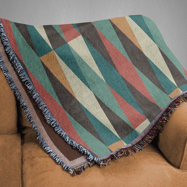 Mid Century Modern Eames Inspired Geometric Stripes 100% Cotton Woven Throw Blanket for 50s 60s Retro Living Room or Bedroom Decor