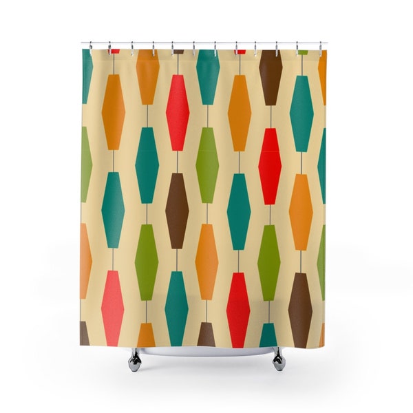 Teal, Mustard, Brown, Orange Lanterns Mid Century Modern 71x74 Shower Curtain in Durable Polyester for 50s or 60s Atomic Age Bathroom Decor