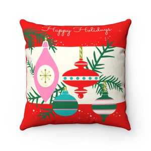 Mid Century Modern Christmas Tree Ornaments on Holiday Red Background Square Throw Pillow. 2-Sided Design for 1950s or 60s Xmas Retro Décor