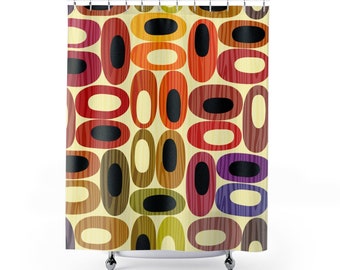 May include: A shower curtain with a retro-inspired pattern of colorful, overlapping ovals on a cream background. The ovals have a woodgrain texture and are arranged in a repeating pattern.