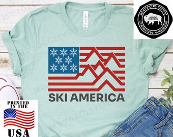 SKI AMERICA Unisex Short Sleeve Tee Shirt XSmall-3XL | Winter, Skiing, Gift, Cute, Hipster, Mountain, Cross Country, Downhill, Funny