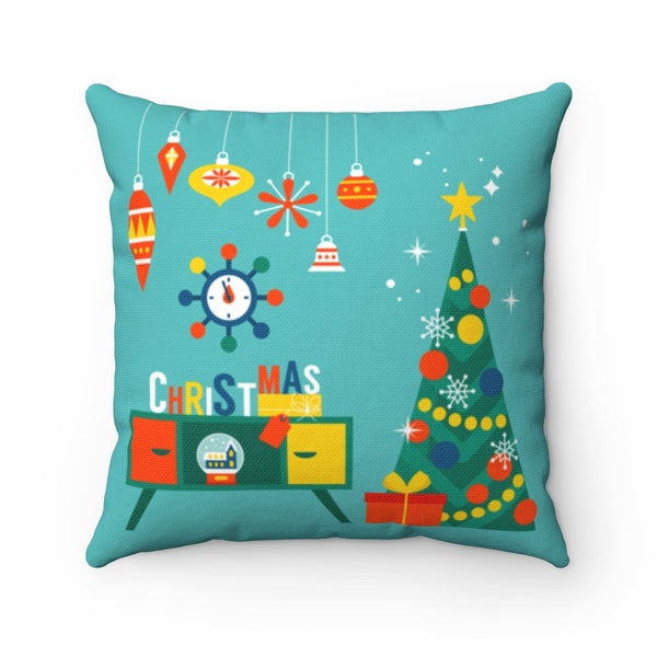 Mid Century Christmas Morning with Ornament, Atomic Clock, and Presents Square Throw Pillow. 2-Sided Design 1950s or 60s Xmas Retro Decor.